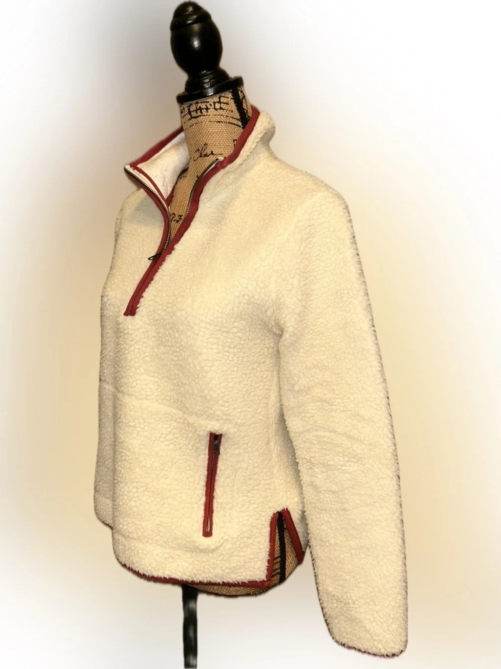 Marine Layer Corbet Cream Sherpa Teddy 1/4 Zip Sweater Jacket Red Orange Trim S - Picture 4 of 9